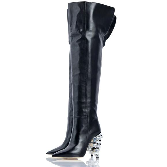 Keeyahri Zerina Silver Ribbon Heel OTK Boots Black Leather 36.5 - Picture 10 of 10